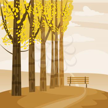 Autumn landscape with trees, hills, branch, and fall leaves, vactor illustrations