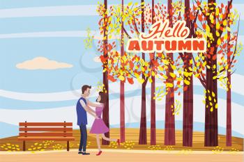 Hello autumn, Autumn alley, couple guy and girl characters met the path in the park, fall, autumn leaves, mood, lettering