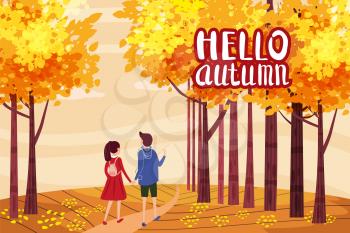Hello autumn, Autumn alley, couple guy and girl characters walking along the path in the park, fall, autumn leaves