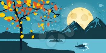Night in the forest vector illustration with starry sky, trees and mountains