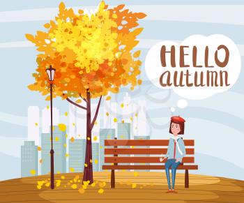 Hello Autumn, happy girl sitting on a bench with a cup of coffee, under a tree with falling leaves, lettering