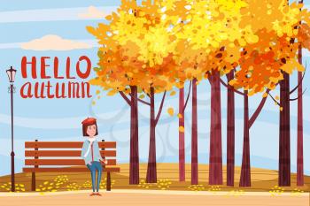 Hello Autumn, happy girl sitting on a bench with a cup of coffee, under a tree with falling leaves