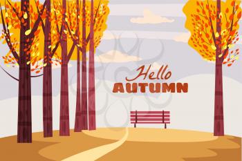 Autumn landscape, fall trees with yellow leaves, lonely bench for contemplation of autumn nature, vector