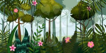 Jungle forest and flowers. Trees, leaves flowers parallax