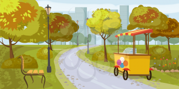 City park, trees, path leading to the city, bench, stall with ice cream, in the background city houses, vector, cartoon style, illustration