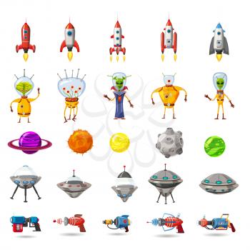 Super set of space, planets, ufo, rockets, aliens, blasters, for games, applications advertisements posters animation vector isolated cartoon style