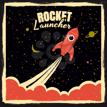 Rocket launcher startup rocket retro poster with vintage colors and grunge effect. Vector, illustration