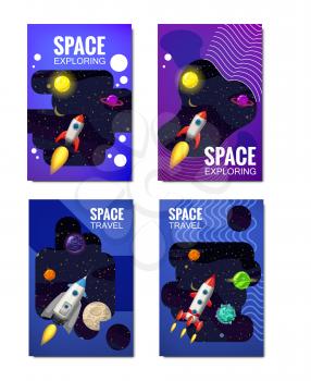 Set of space Template , space travel, exploration of the universe, other planets, flying rockets, stars of distant galaxies, vector, banner, illustration, isolated