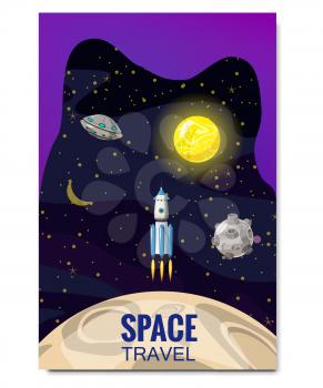Outline outer space rocket space travel, exploration of the universe, other planets, flying rockets, stars of distant galaxies, template of flyear, magazines, posters, book cover, banners