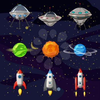 Space cartoon icons set. Planets, rockets, ufo elements on cosmic background
