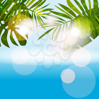 Summer tropical background template with exotic palm leaves and plants