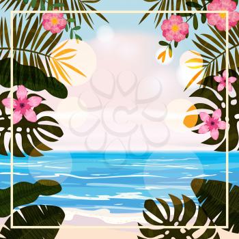 Summer tropical background template with exotic palm leaves and plants