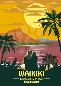 Waikiki island of O ahu Retro Vintage style travel poster or sticker