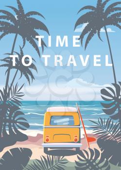 Time to travel Summer holidays vacation seascape landscape ocean sea beach, coast. Bus surfboard, retro, tropical leaves