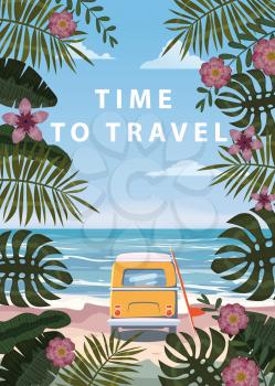 Time to travel Summer holidays vacation seascape landscape ocean sea beach, coast. Bus surfboard, retro, tropical leaves