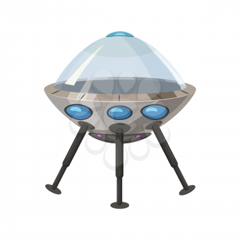Ufo flying spaceship isolated on white cartoon style. Alien transport futuristic