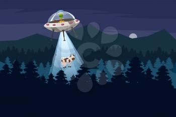 UFO abducting a cow, summer night forest landscape, vector background with stars and moon in the sky.