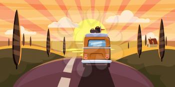 Sunset Van camper, bus on the road goes to the sea for a summer vacation