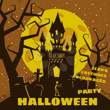 Halloween background with semetery and sceleton, haunted castle, house and full moon