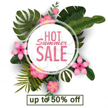 Sale banner, poster with palm leaves, jungle leaf and tropical flowers.