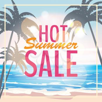Advertisement about the summer sale on background with beautiful tropical sea beach view, palms.