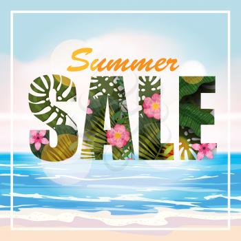 Design of a banner with a logo of summer sale. Offer for promotion with summer tropical plants, leaves and flower decoration. Vector, illustration