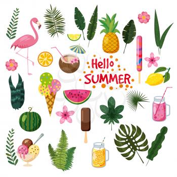 Set of tropical leaves, cute summer icons, ice cream, flamingo bird and tropical flowers