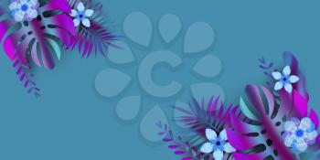 Summer template banner with holographic tropical leaves background