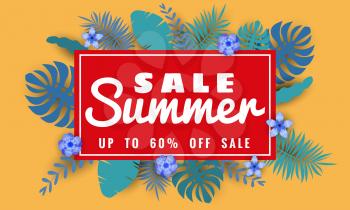 Summer sale banner with paper cut flamingo and tropical leaves background
