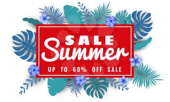 Summer sale banner with paper cut flamingo and tropical leaves background
