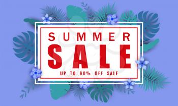 Summer sale banner template with tropical leaves background, color exotic floral design for seasonal sales
