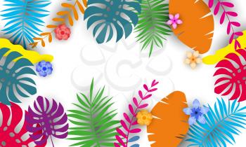 Summer banner template with tropical leaves flowers background