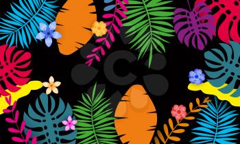 Summer banner template with tropical leaves flowers background