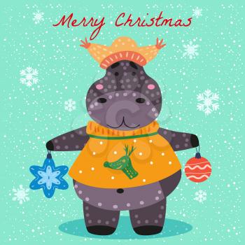 Merry Christmas Hyppo cute with hat, sweater and toys, card. Hand drawn character illustration vector isolated poster