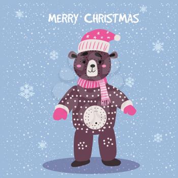 Merry Christmas Cute Bear with scarf, hat and toy card. Hand drawn character illustration vector isolated poster