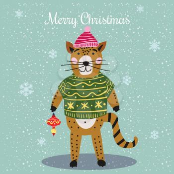 Merry Christmas Cute Cat with sweater, hat and toy card. Hand drawn character illustration vector isolated poster