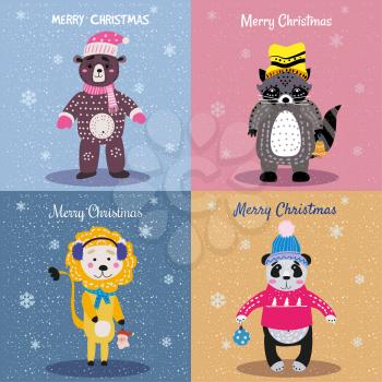Christmas Animals Card Set cute bear, lion, panda, raccoon. Hand drawn collection characters illustration vector