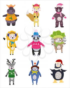 Christmas Animals set cute hippo, fox, bear, lion, panda, hedgehog, deer, rabbit, penguin Hand drawn collection characters illustration vector