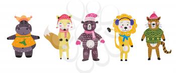 Christmas Animals set cute hippo fox, bear, cat with scarf, hat and sweater.. Hand drawn collection characters illustration vector