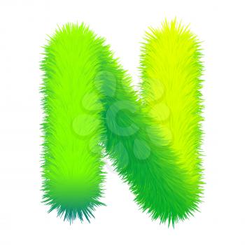 Letter N fluffy fur, texture decorative green alphabet uppercase