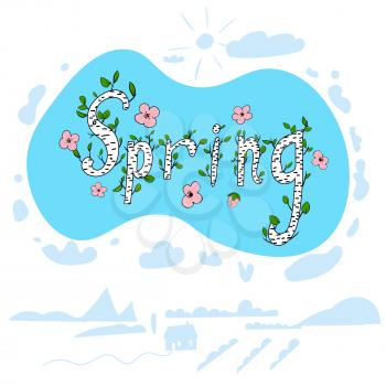 Spring banner sketched doodle hand drawn flowers and leaves