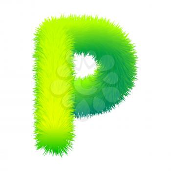 Letter P fluffy fur, texture decorative green alphabet uppercase