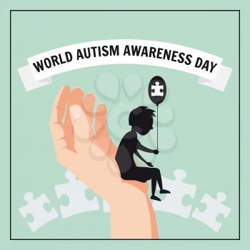 Autism, a small lonely boy sits on the hand of an adult, against a background of puzzles, vector, illustration