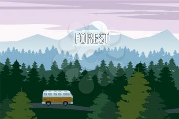 Highway drive with beautiful spruce forest landscape. Highway drive adventure travel Summer driving. Mountains horizon. Vector cartoon style