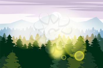 Pine forest and mountains vector backgrounds. Panorama taiga silhouette illustration