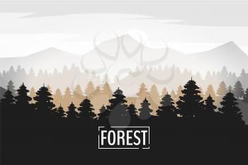 Pine forest and mountains vector backgrounds. Panorama taiga silhouette illustration