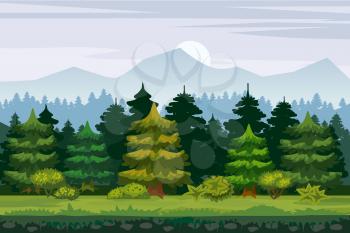 Vector cartoon illustration of the spruce forest for the game UI. For print, create videos or web graphic design