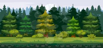 Vector cartoon illustration of the spruce forest for the game UI. For print, create videos or web graphic design
