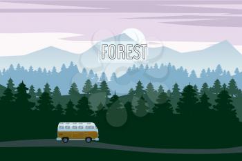 Highway drive with beautiful spruce forest landscape. Highway drive adventure travel Summer driving. Mountains horizon. Vector cartoon style
