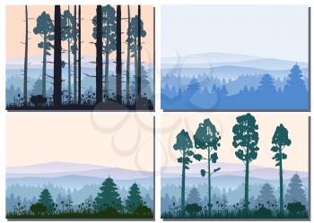 Set cards Forest, silhouettes, trees, pine, fir nature environment horizon panorama vecto